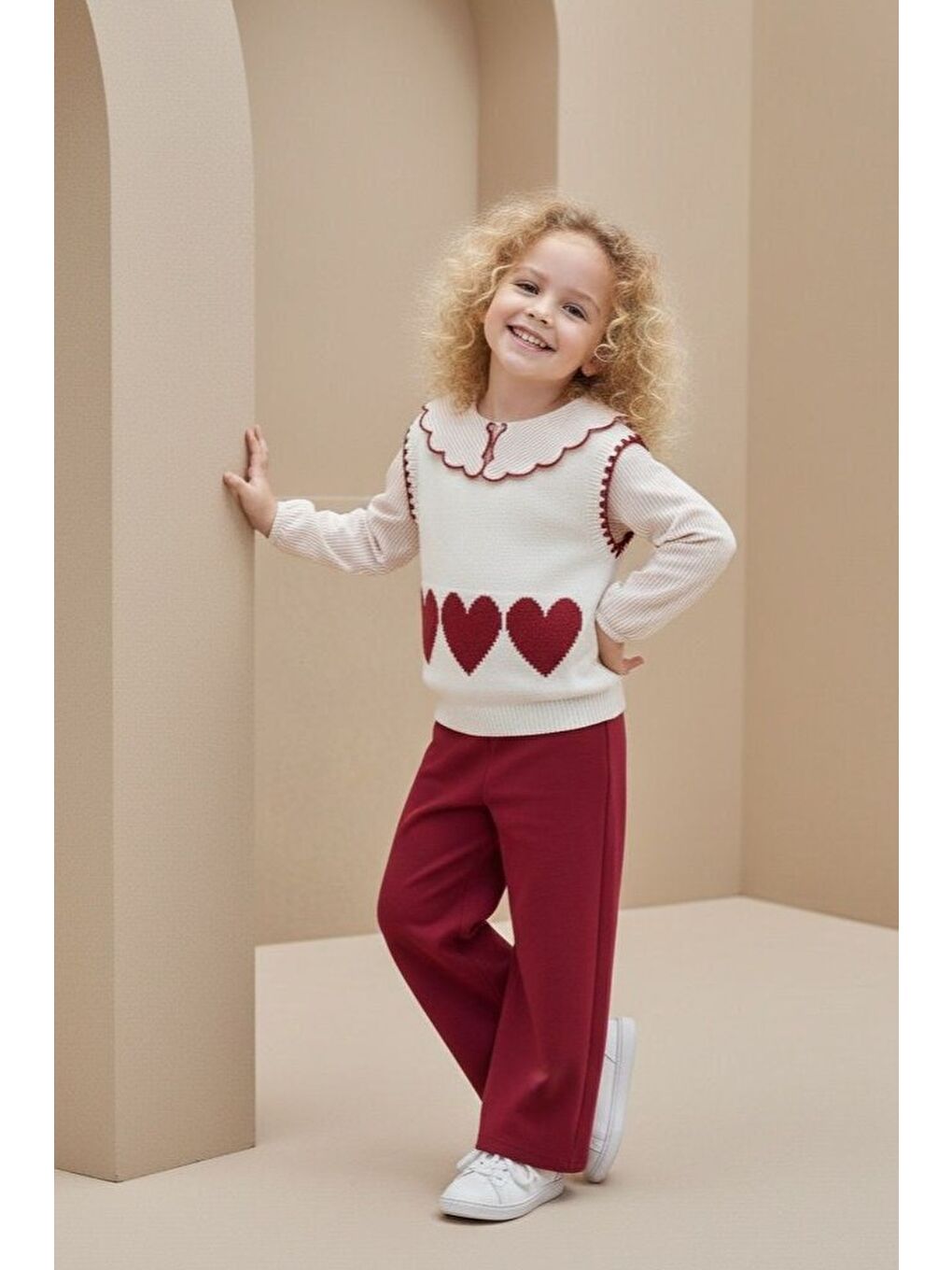 Kırmızı İspanyol Paça Gömlekli Süeterli Kız Takım M00798-1
