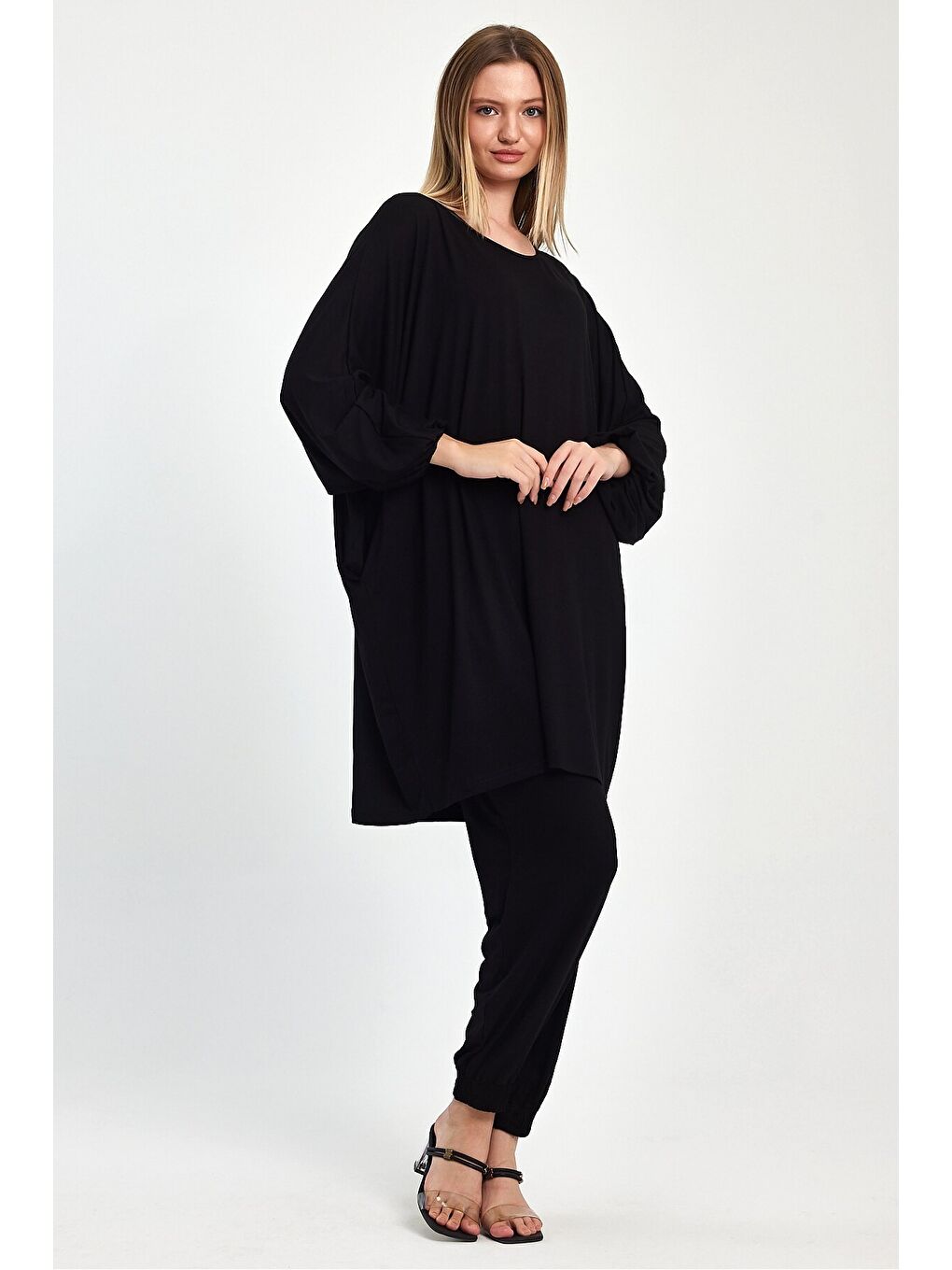 Siyah Yarasa Kol Geniş Kalıp Penye Viskon İkili Takım-3