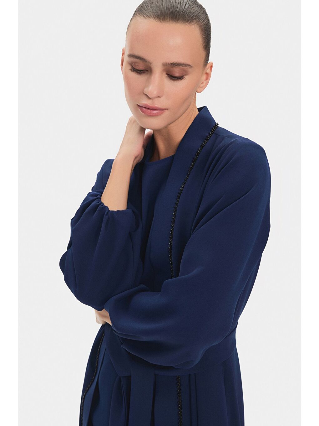 Lacivert Kadın Taş Detaylı Balon Kol Abaya-2