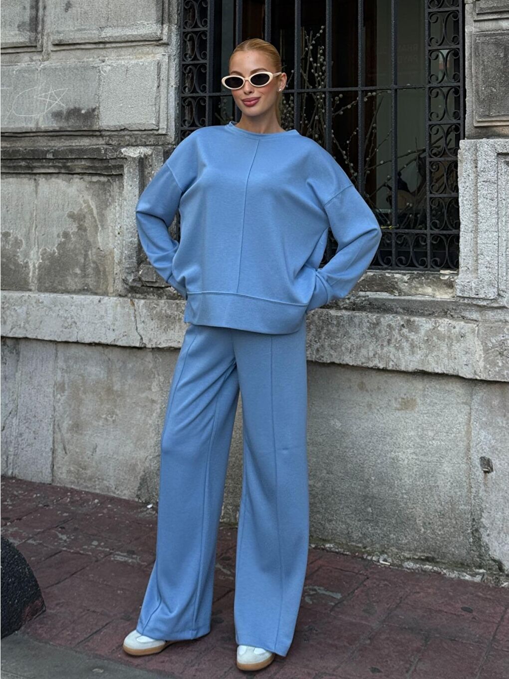 Modal Kumaş Mavi Oversize Sweat İkili Takım