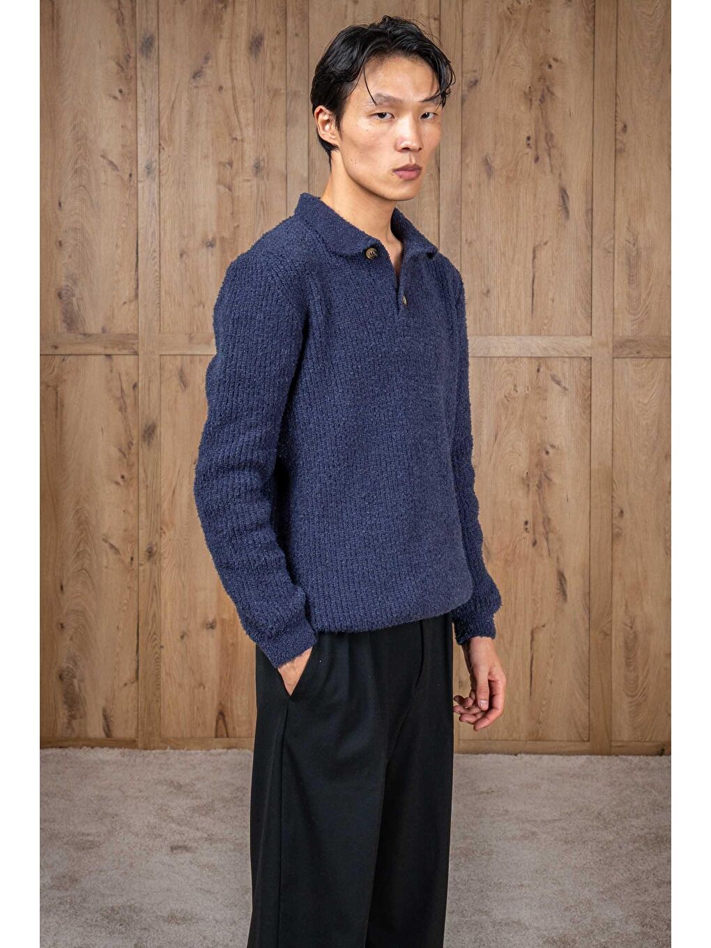 Erkek Relax Fit Düğmeli Dokulu Kazak Lacivert-3