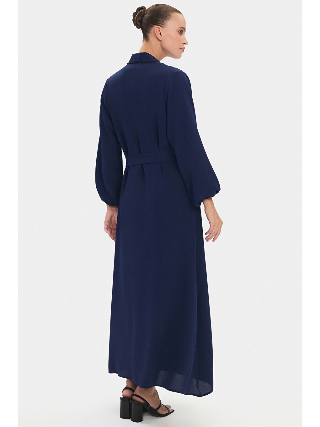 Lacivert Kadın Taş Detaylı Balon Kol Abaya-3