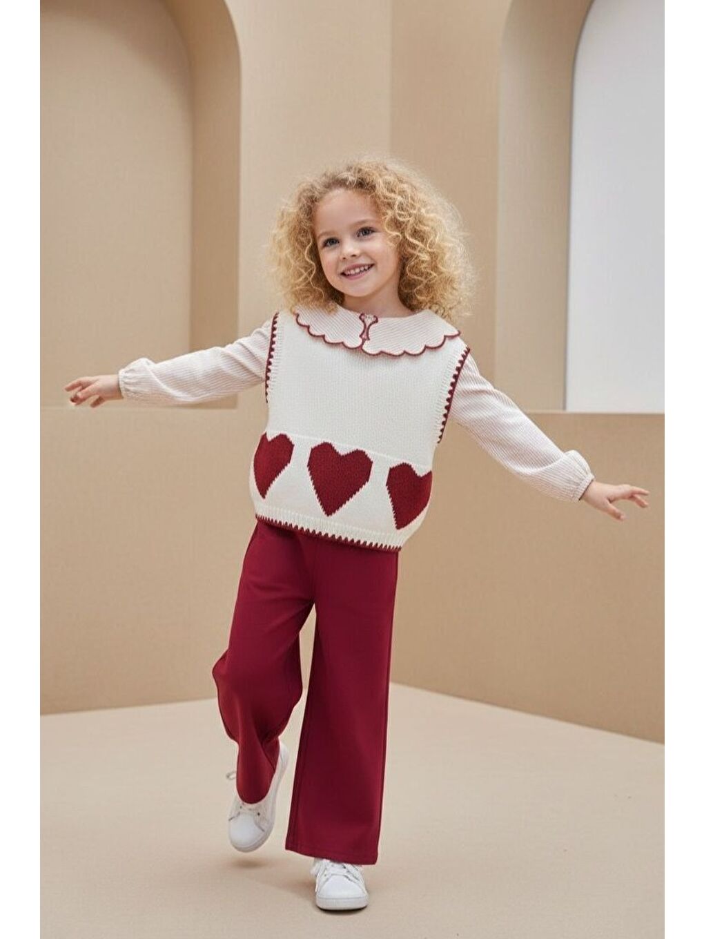 Kırmızı İspanyol Paça Gömlekli Süeterli Kız Takım M00798-3