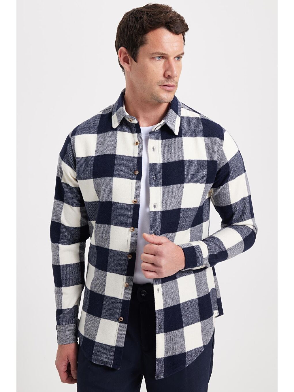 Lacivert Erkek Slim Fit Dar Kesim Kareli Kışlık Oduncu Gömlek