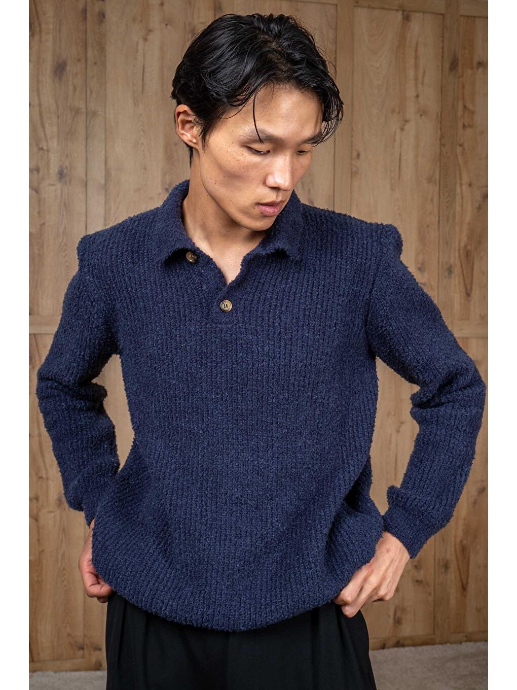 Erkek Relax Fit Düğmeli Dokulu Kazak Lacivert-4