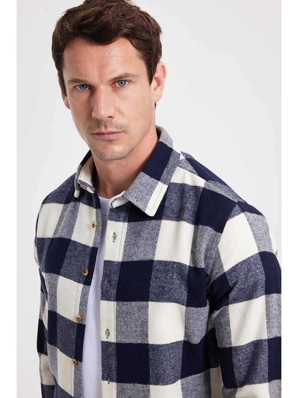 Lacivert Erkek Slim Fit Dar Kesim Kareli Kışlık Oduncu Gömlek-1