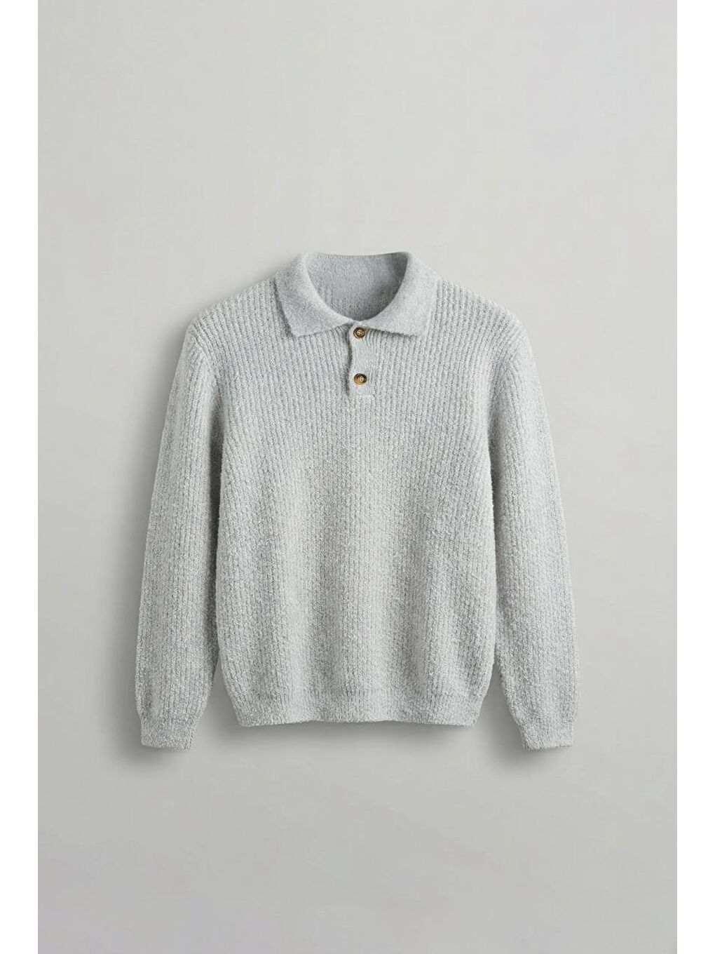 Erkek Relax Fit Düğmeli Dokulu Kazak Açık Gri-5