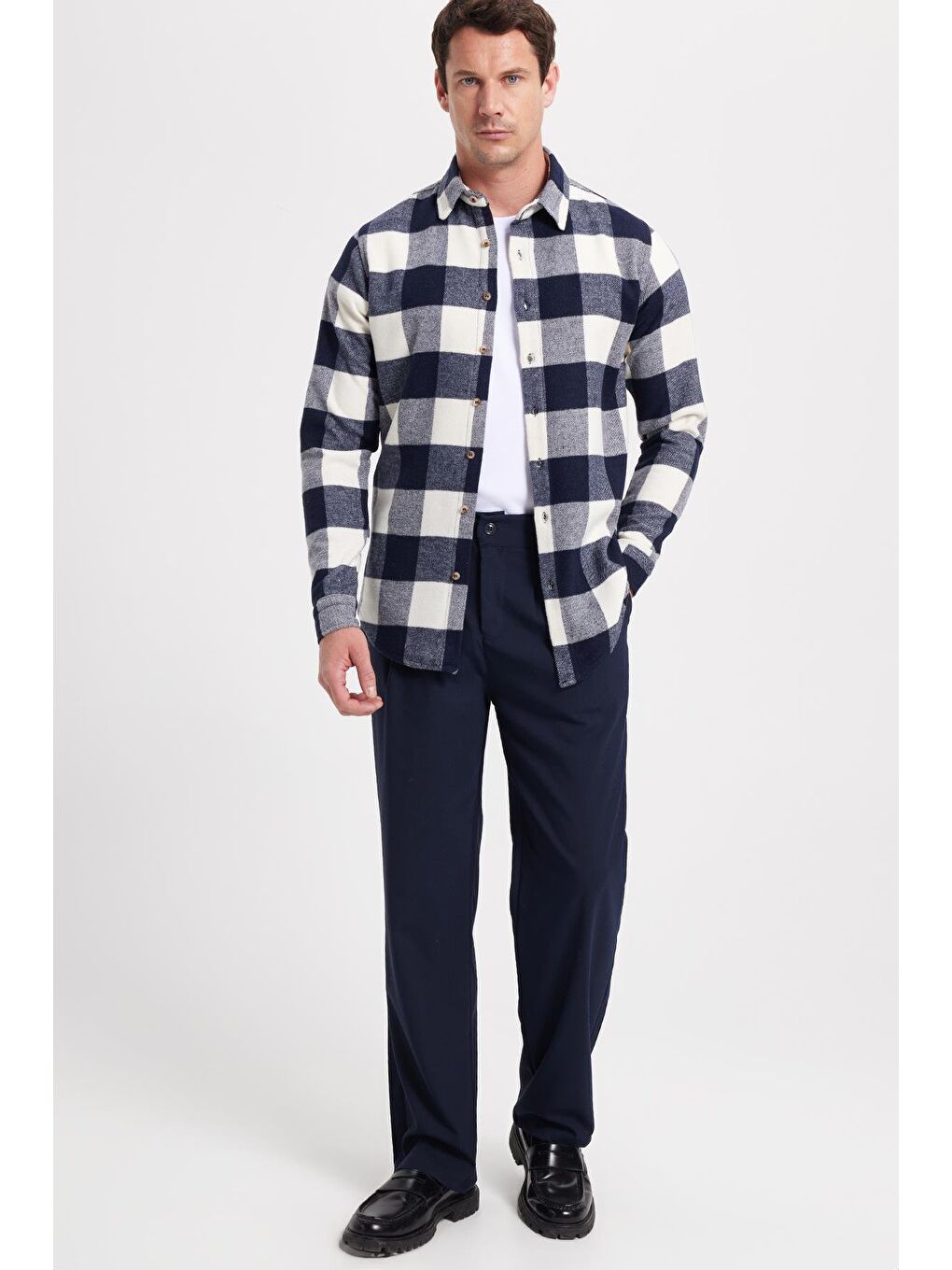 Lacivert Erkek Slim Fit Dar Kesim Kareli Kışlık Oduncu Gömlek-2