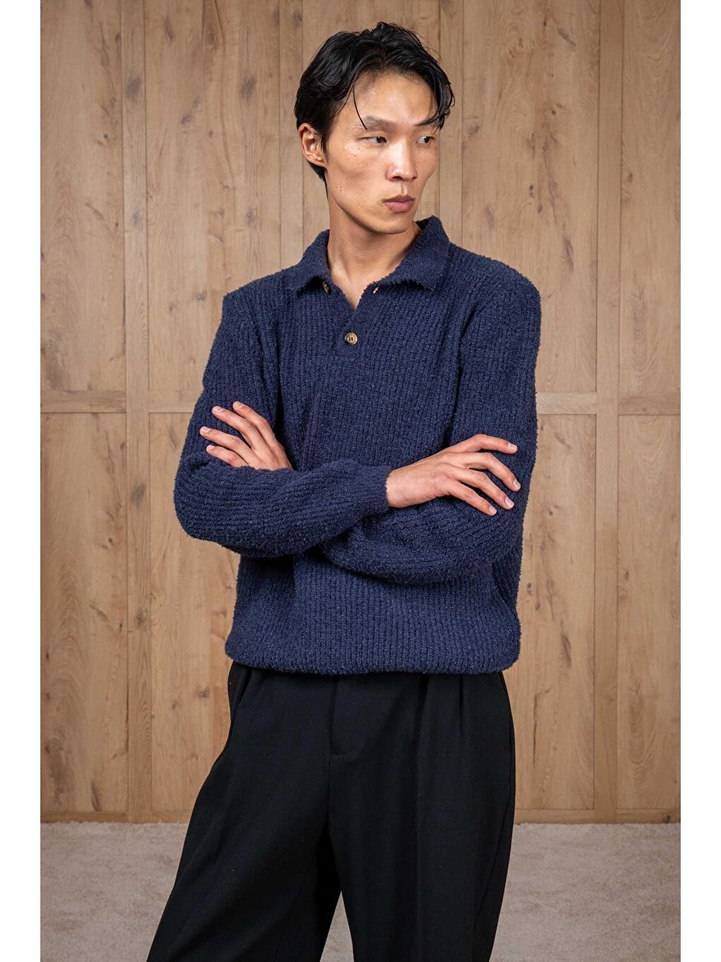 Erkek Relax Fit Düğmeli Dokulu Kazak Lacivert-5