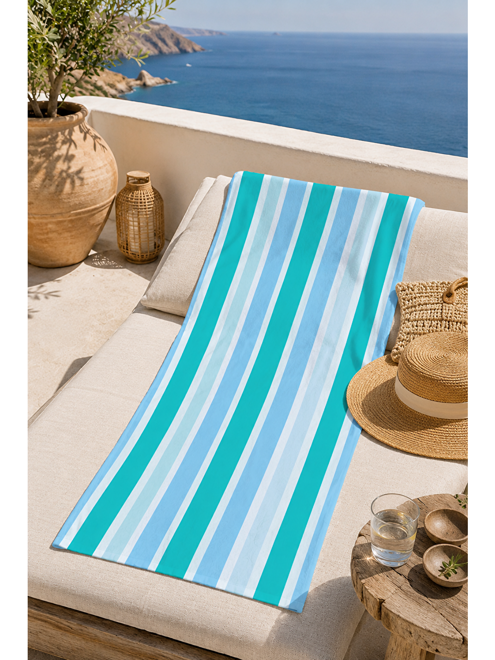 Lila Turkuaz Beyaz Kalın Şerit Desenli 70x150 Plaj Havlusu-6
