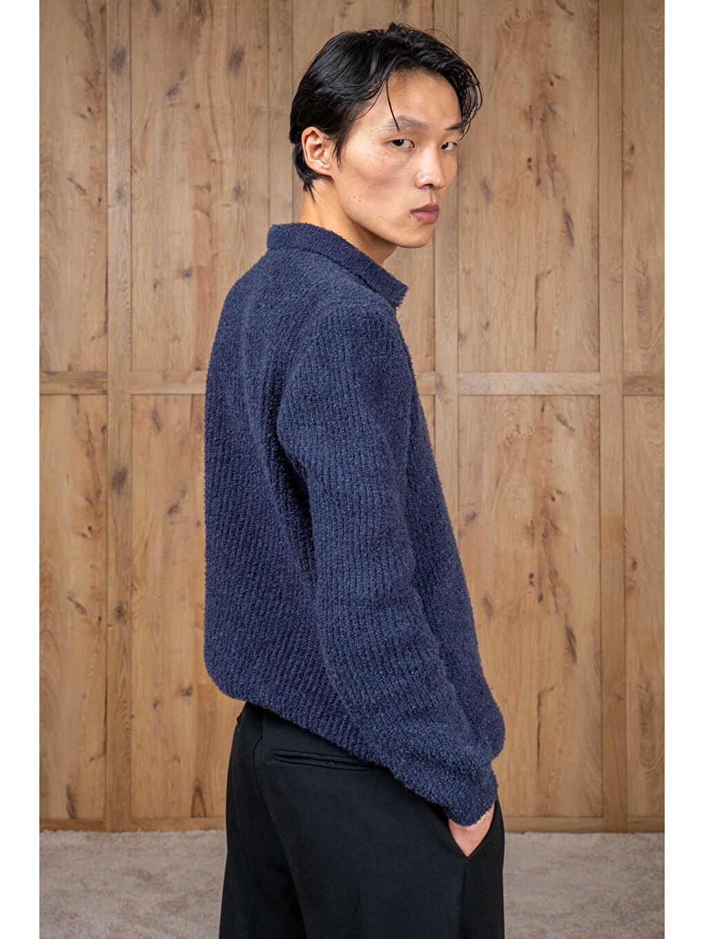 Erkek Relax Fit Düğmeli Dokulu Kazak Lacivert-6