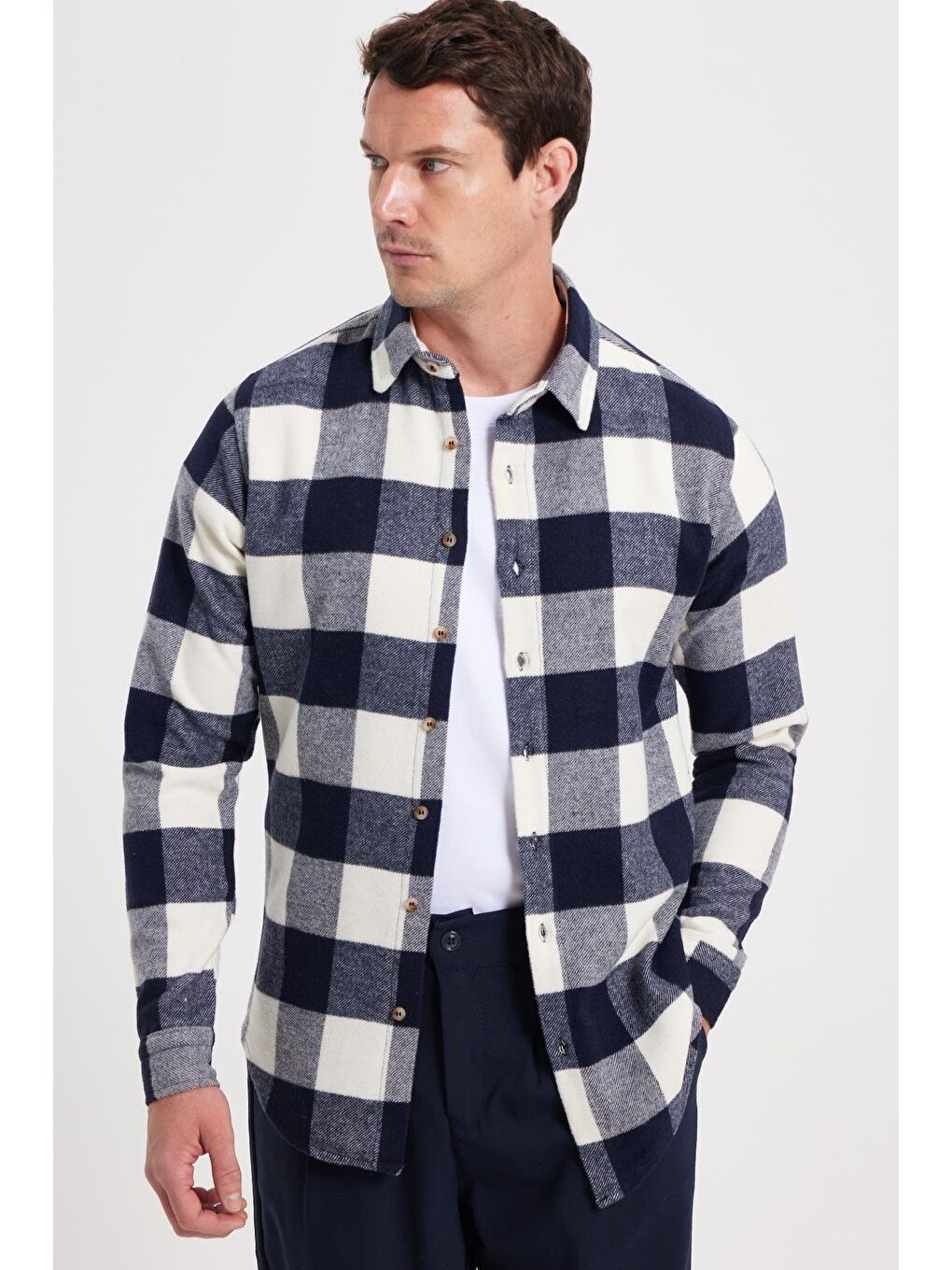 Lacivert Erkek Slim Fit Dar Kesim Kareli Kışlık Oduncu Gömlek-6