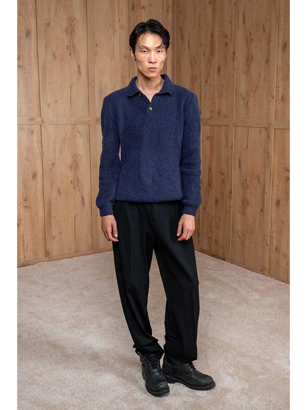 Erkek Relax Fit Düğmeli Dokulu Kazak Lacivert-7