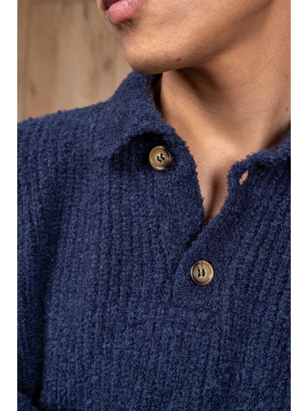 Erkek Relax Fit Düğmeli Dokulu Kazak Lacivert-8