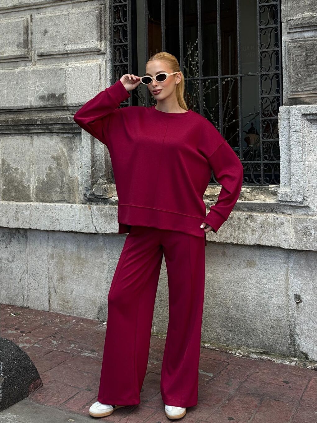 Modal Kumaş Bordo Oversize Sweat İkili Takım