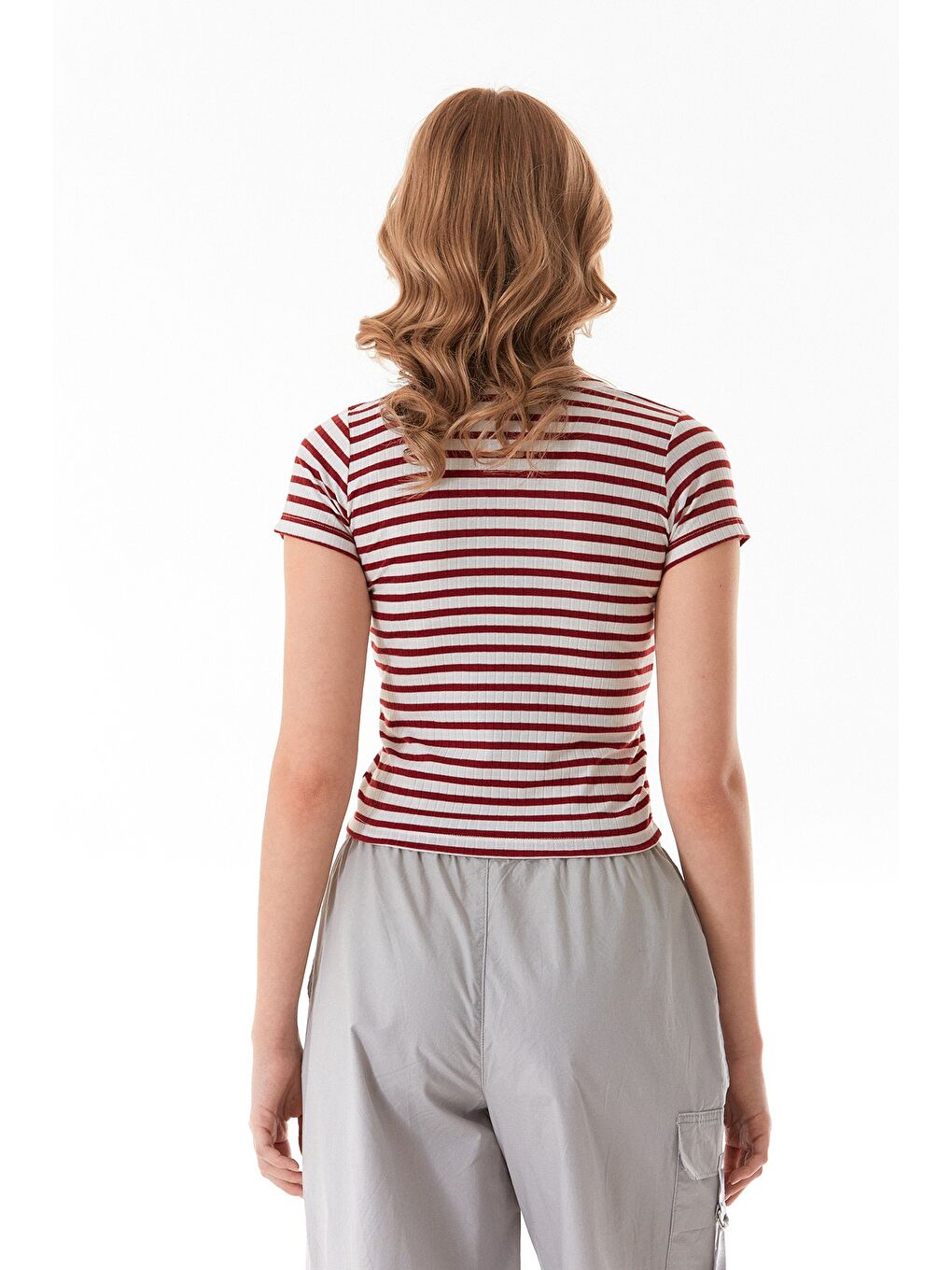 Bordo Çizgili Bisiklet Yaka Tişört-2