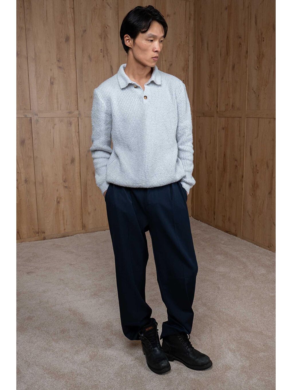 Erkek Relax Fit Düğmeli Dokulu Kazak Açık Gri-6