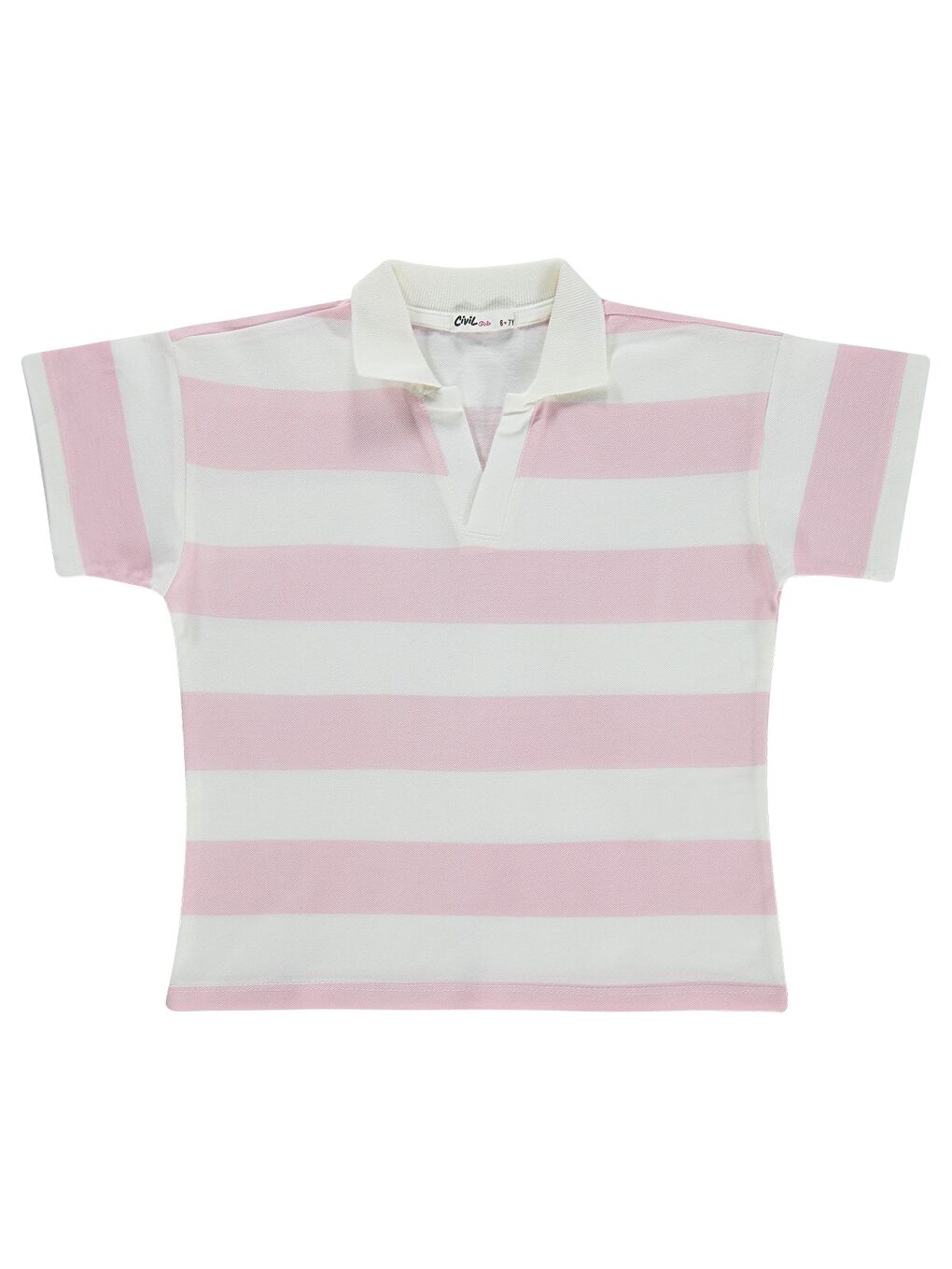 Pembe Girls Çizgili Polo Yaka 6-9 Yaş Tişört - Pudra