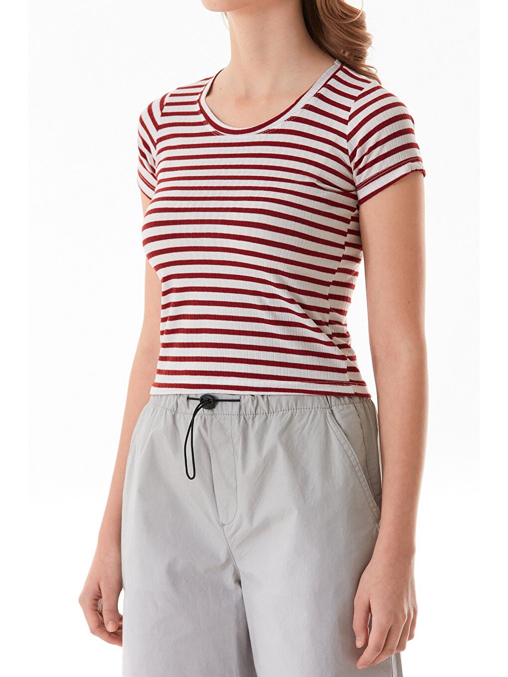 Bordo Çizgili Bisiklet Yaka Tişört-4