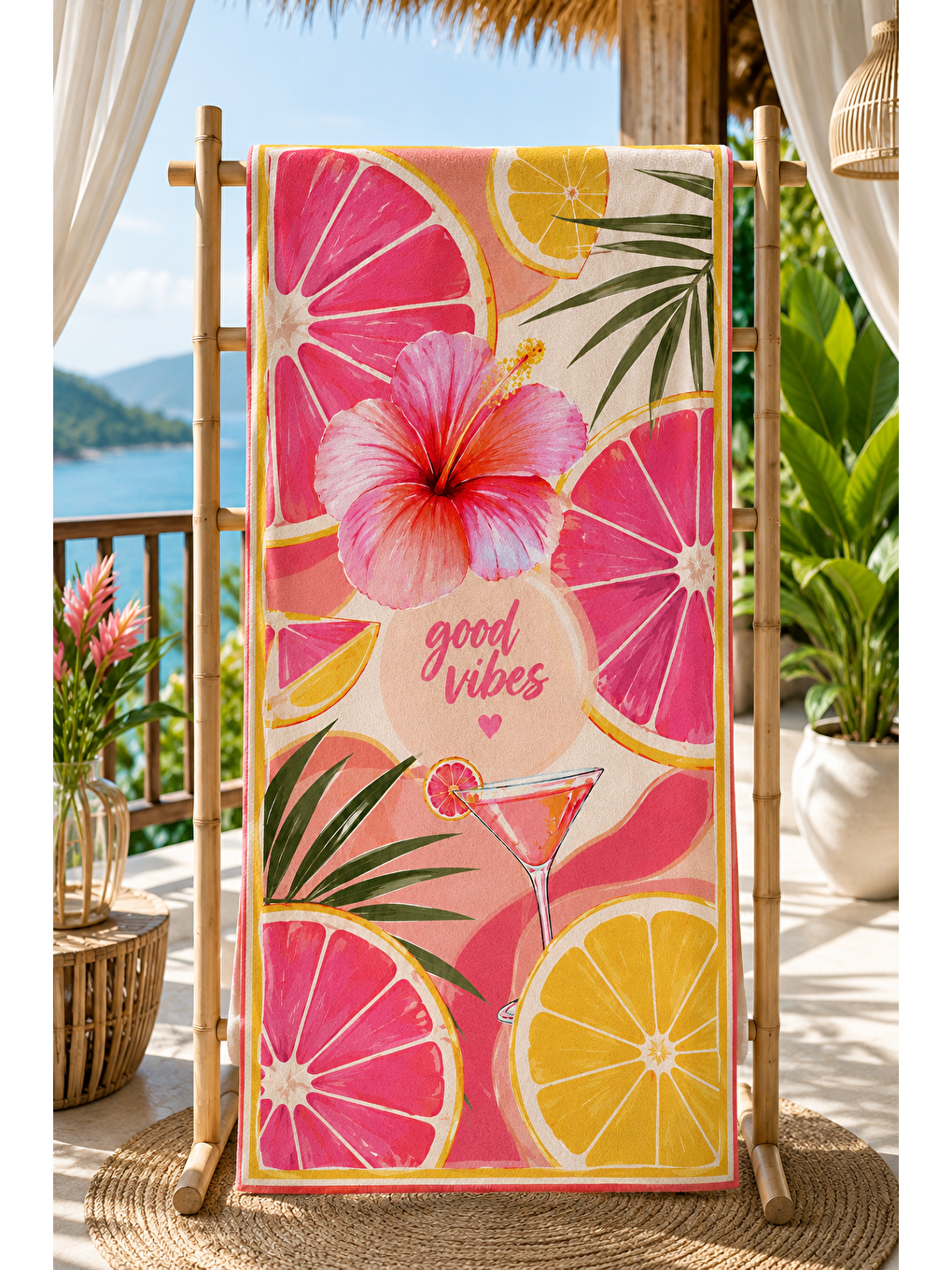 Pembe Greyfurt Ve Hibiskus Desenli 70x150 Plaj Havlusu-6