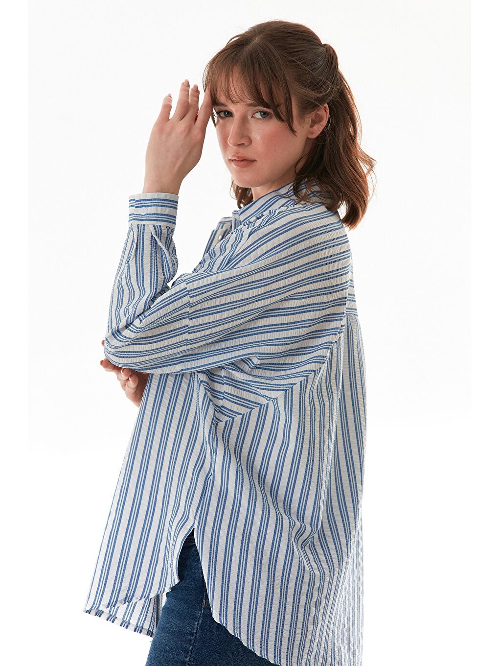 Mavi Çizgili Oversize Gömlek-2