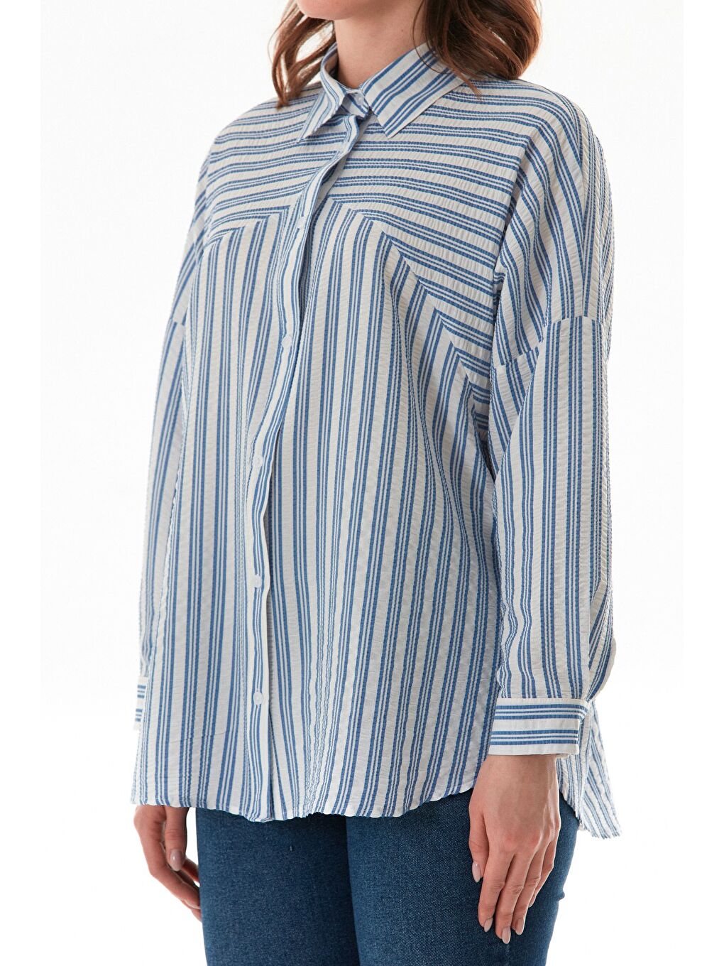 Mavi Çizgili Oversize Gömlek-4