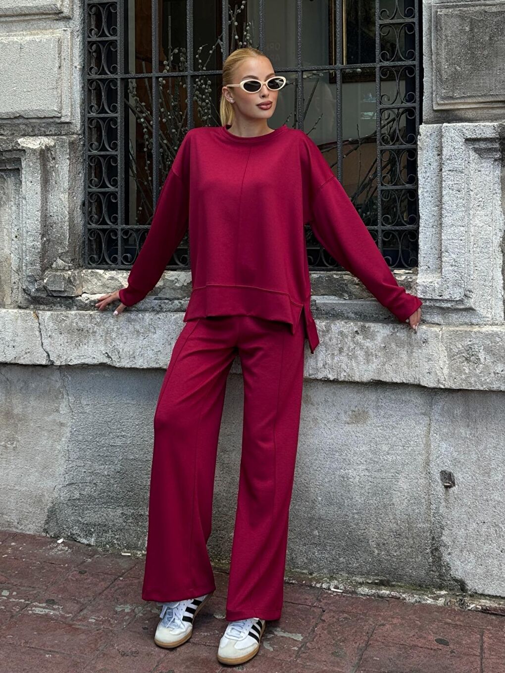 Modal Kumaş Bordo Oversize Sweat İkili Takım-1