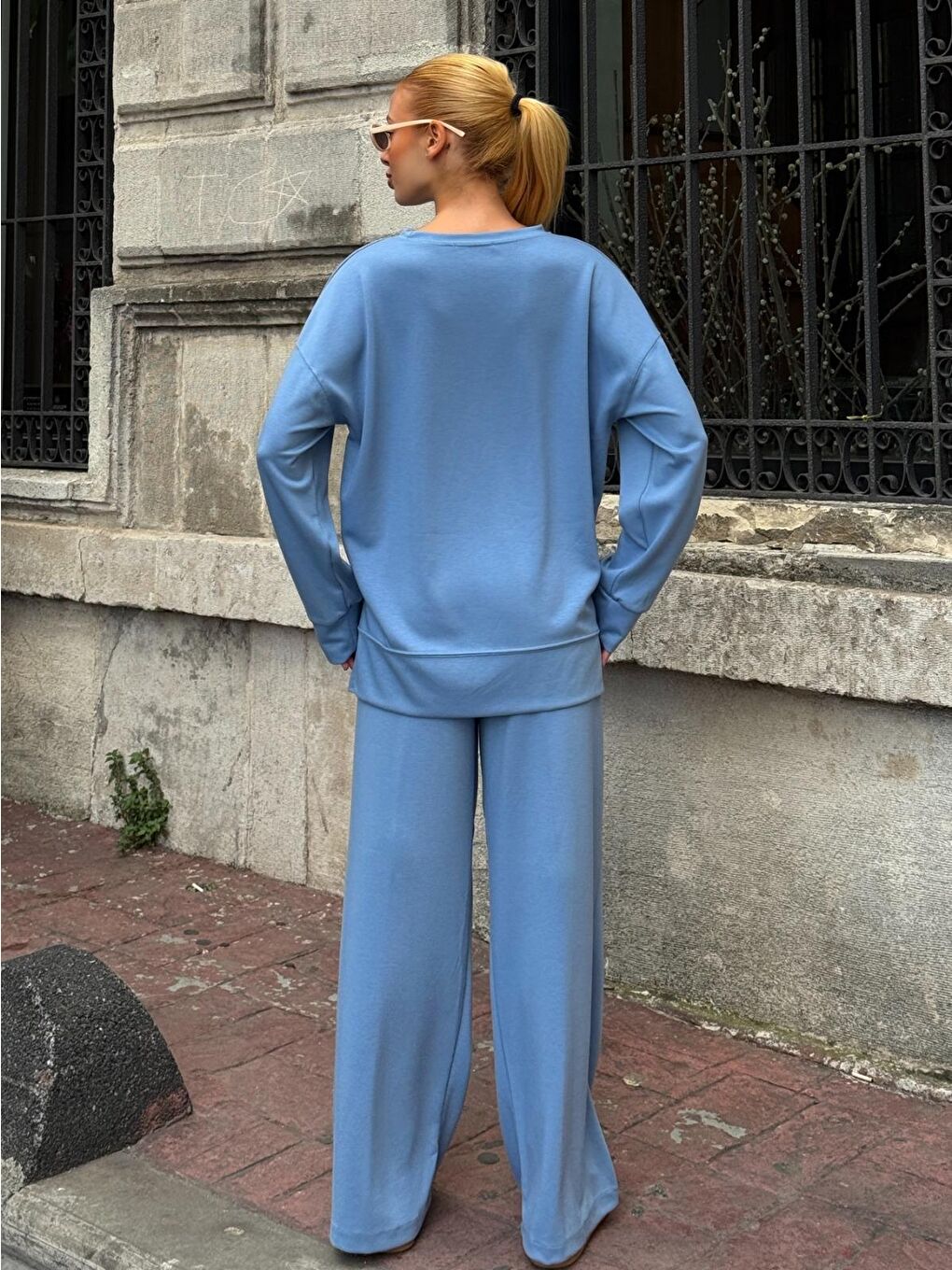 Modal Kumaş Mavi Oversize Sweat İkili Takım-2