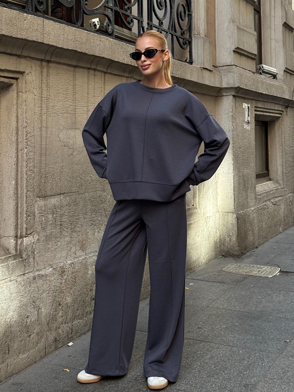 Modal Kumaş Gri Oversize Sweat İkili Takım