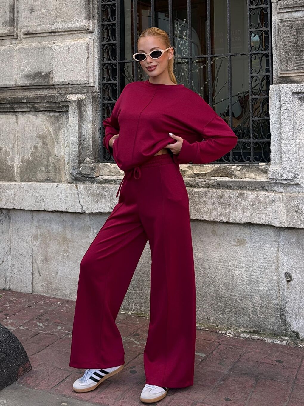 Modal Kumaş Bordo Oversize Sweat İkili Takım-2