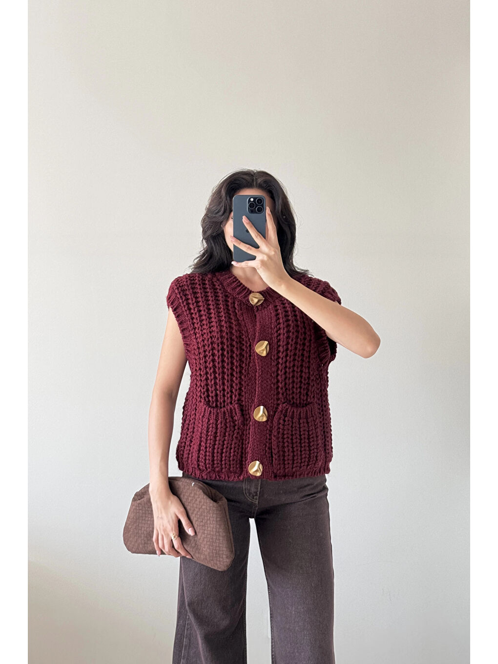 Kadın Bordo Kalın Örgü Yelek 1014-2395-1