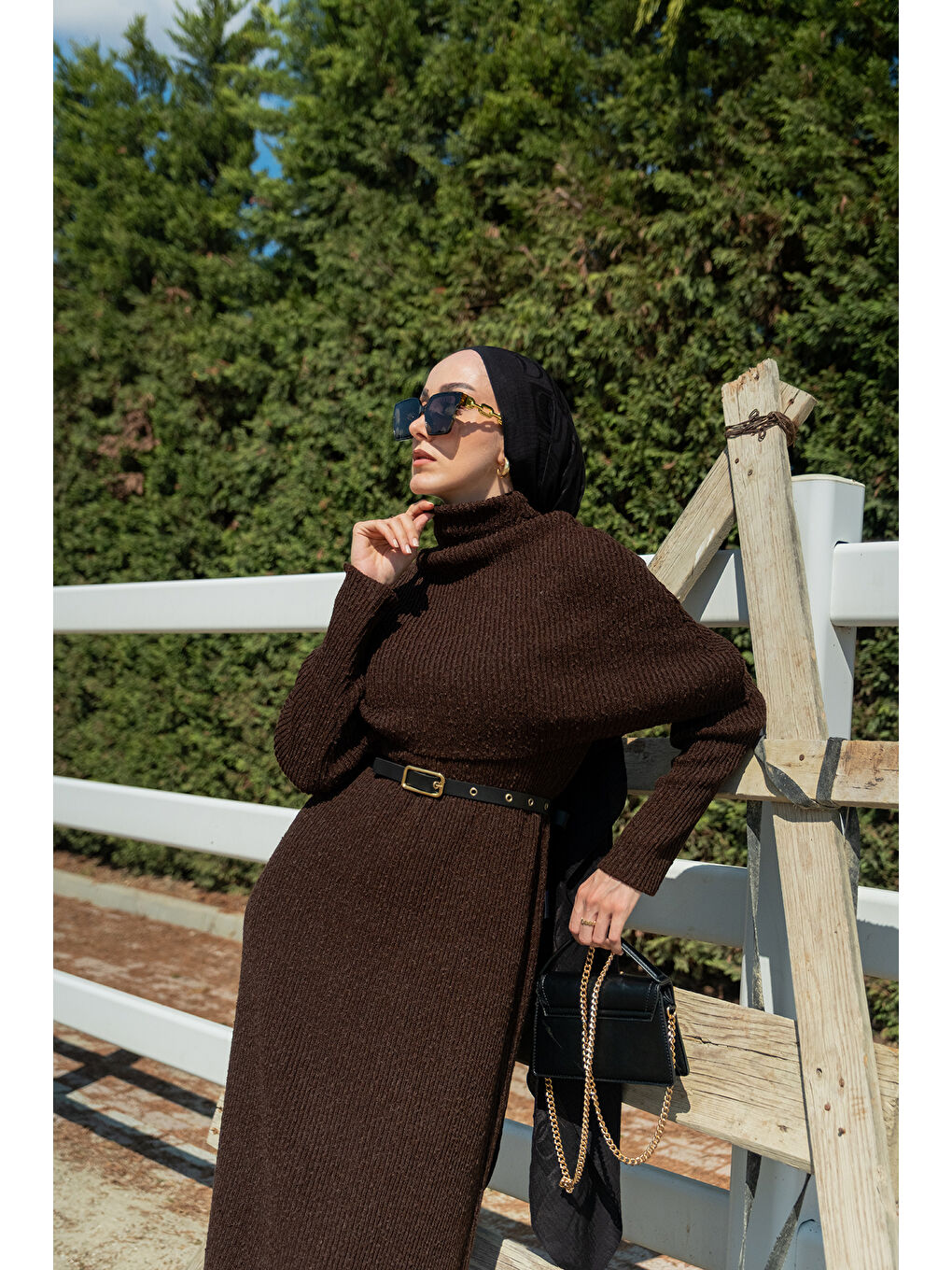 Kahverengi Kadın Pelerin Yaka Elbise Kahve-2