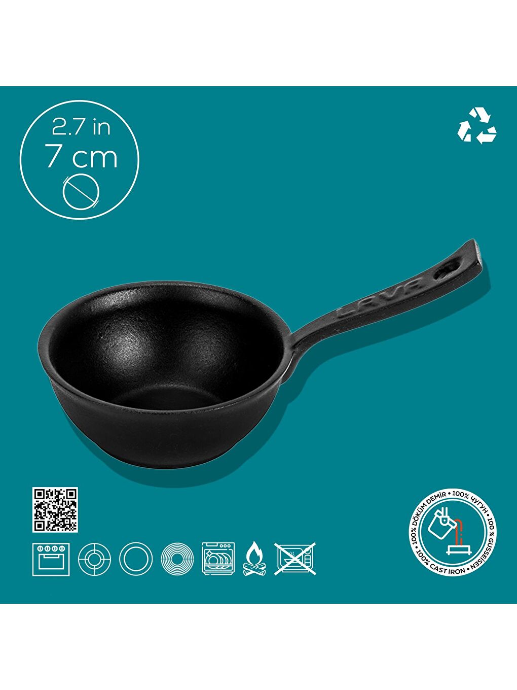 Siyah Yuvarlak Sufle Sos Kabı Döküm Demir Yekpare Saplı Çap(Ø)7cm.-3