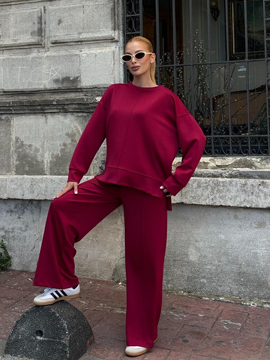 Modal Kumaş Bordo Oversize Sweat İkili Takım-3