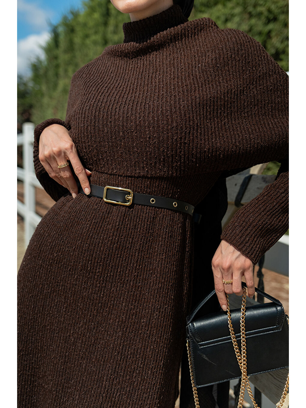 Kahverengi Kadın Pelerin Yaka Elbise Kahve-4