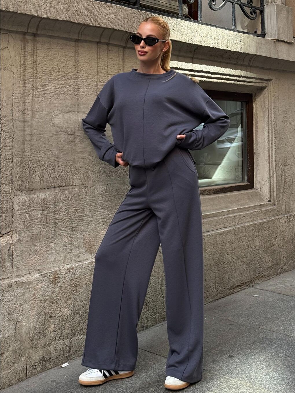 Modal Kumaş Gri Oversize Sweat İkili Takım-3