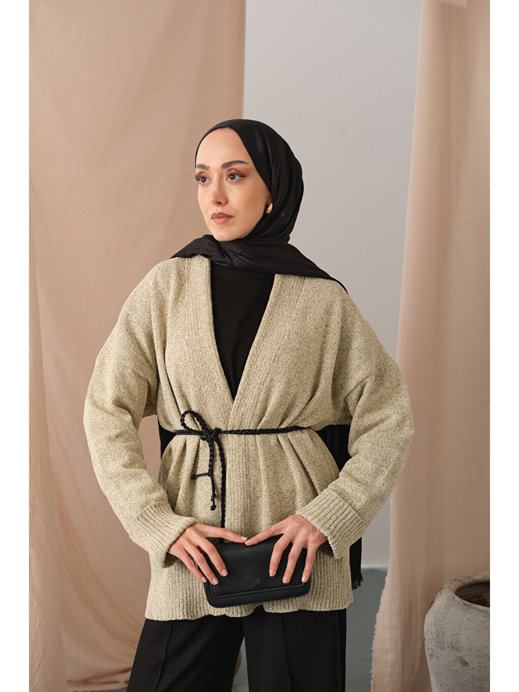 Ekru Kadın Örgü Detay Bel Bağlamalı Hırka Krem-3