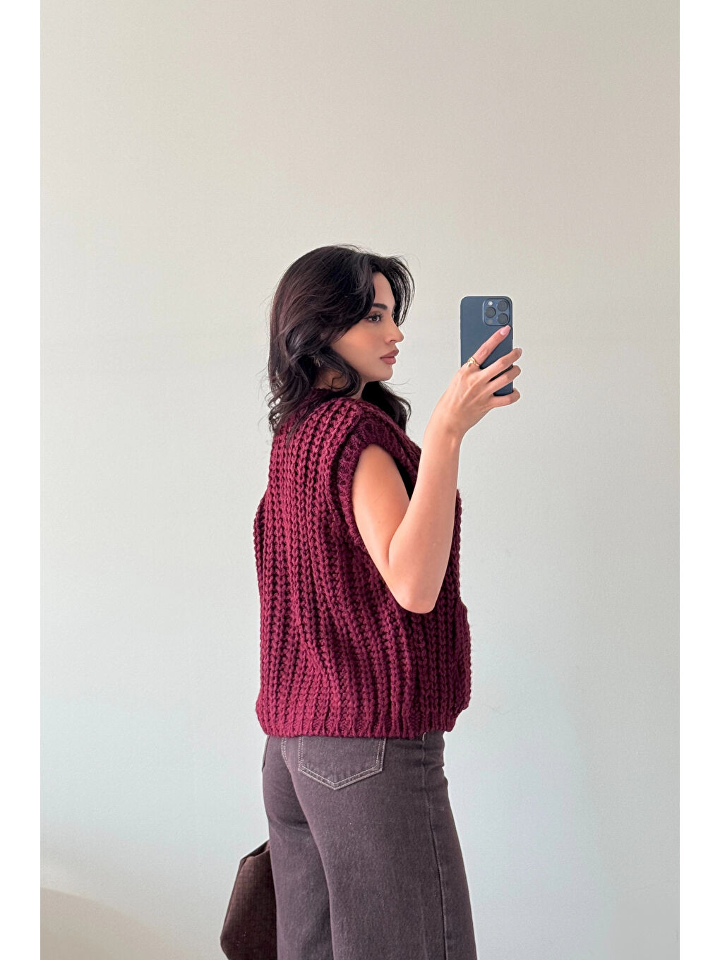 Kadın Bordo Kalın Örgü Yelek 1014-2395-2