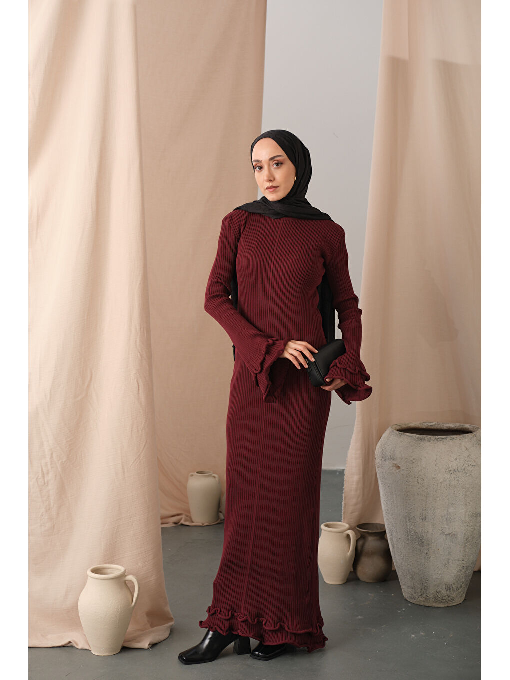 Kadın Fırfır Detay Elbise Bordo-1