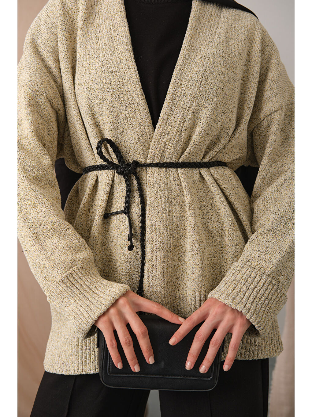 Ekru Kadın Örgü Detay Bel Bağlamalı Hırka Krem-4