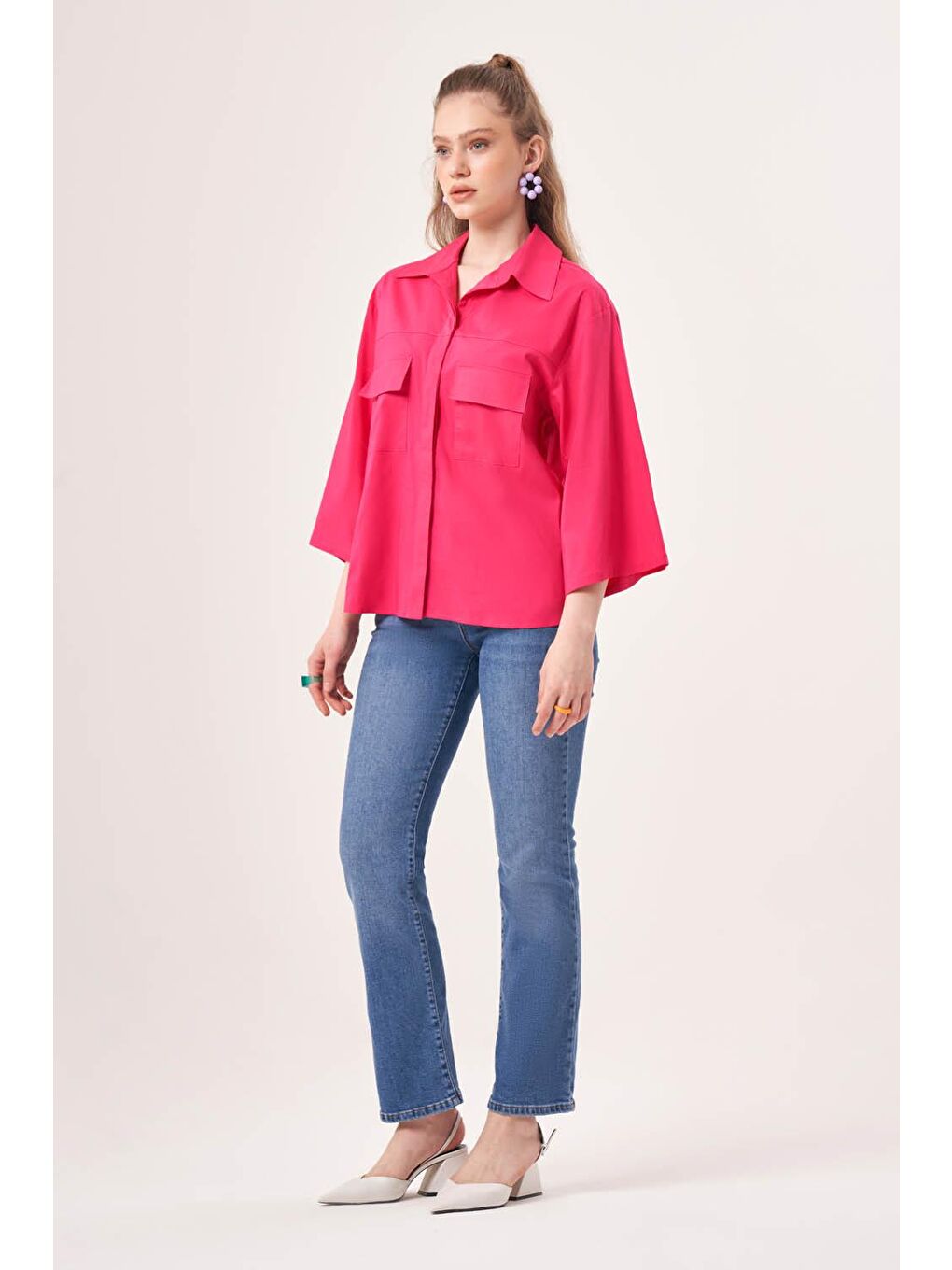 Kısa Cepli Poplin Fuşya Gömlek