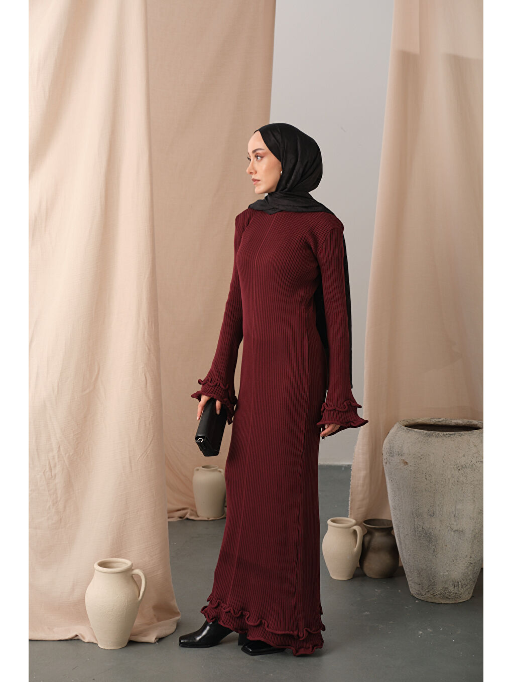 Kadın Fırfır Detay Elbise Bordo-2