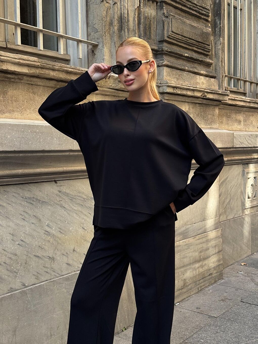 Modal Kumaş Siyah Oversize Sweat İkili Takım-3