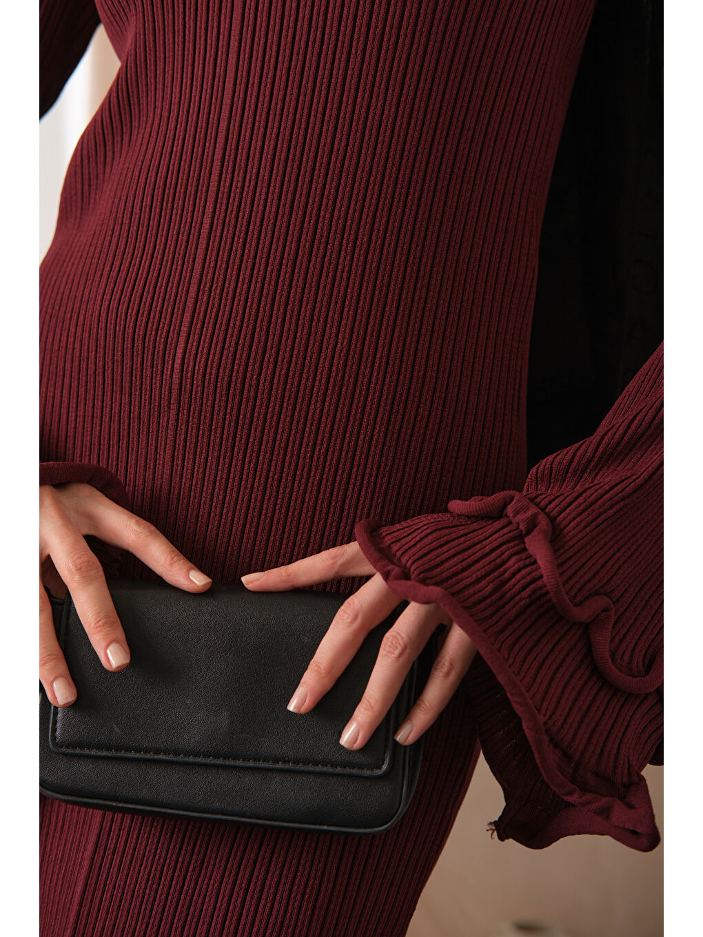 Kadın Fırfır Detay Elbise Bordo-3