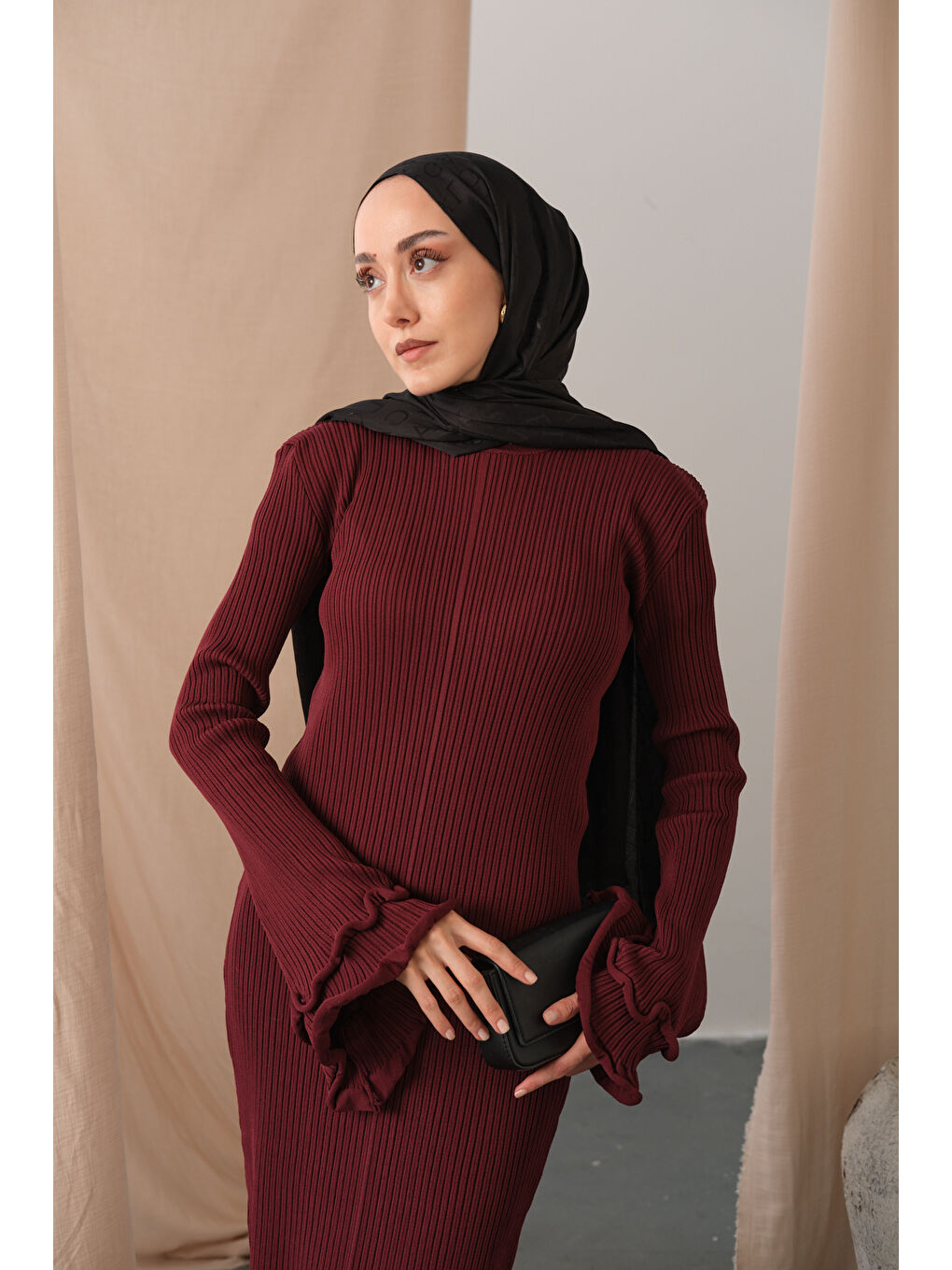 Kadın Fırfır Detay Elbise Bordo-4