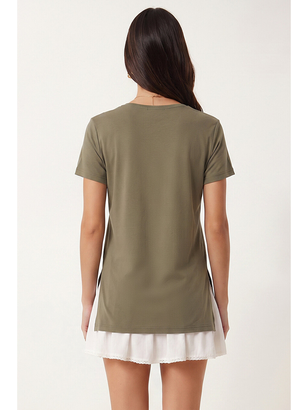 Haki V Yaka Yırtmaçlı Viskon T-shirt HAKİ LRN0039-3