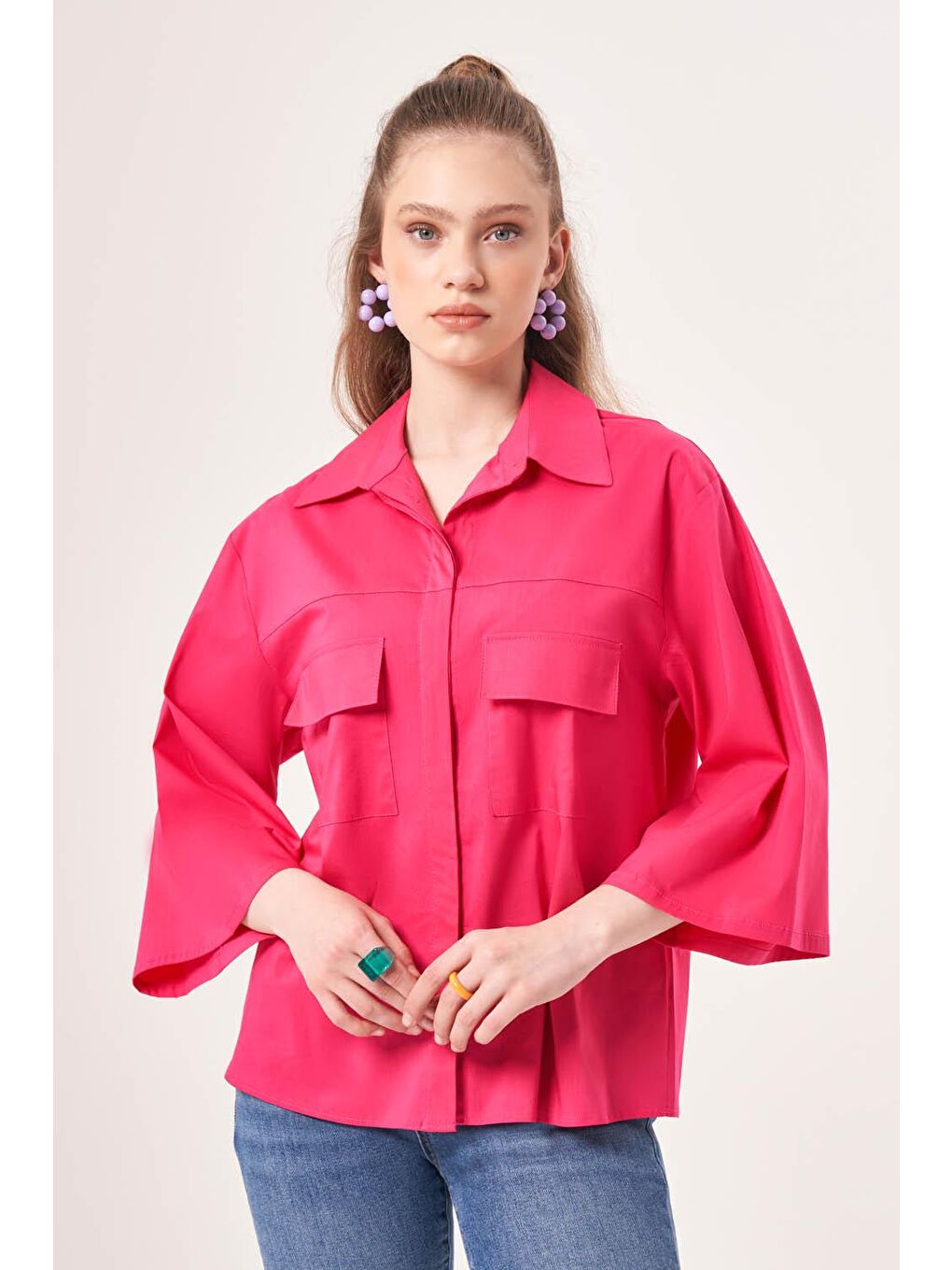 Kısa Cepli Poplin Fuşya Gömlek-1