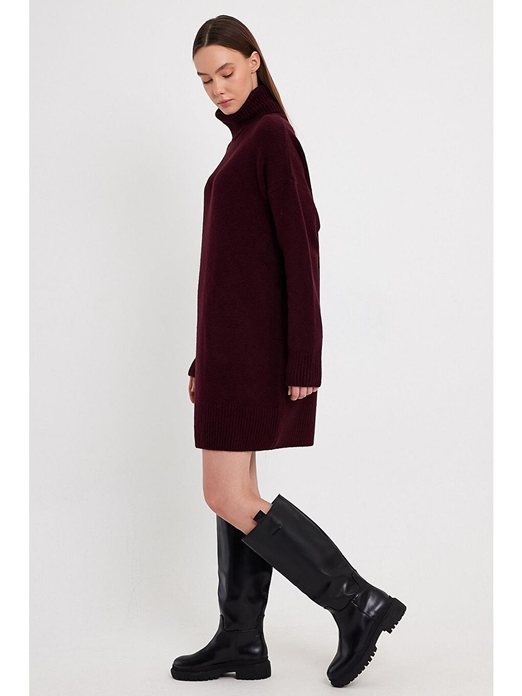 Bordo Balıkçı Yaka Oversize Triko Elbise-2
