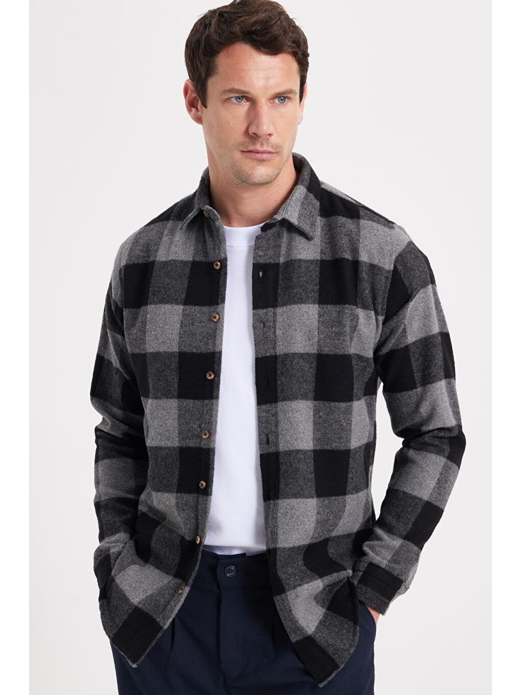 Antrasit Erkek Slim Fit Dar Kesim Kareli Kışlık Oduncu Gömlek-6