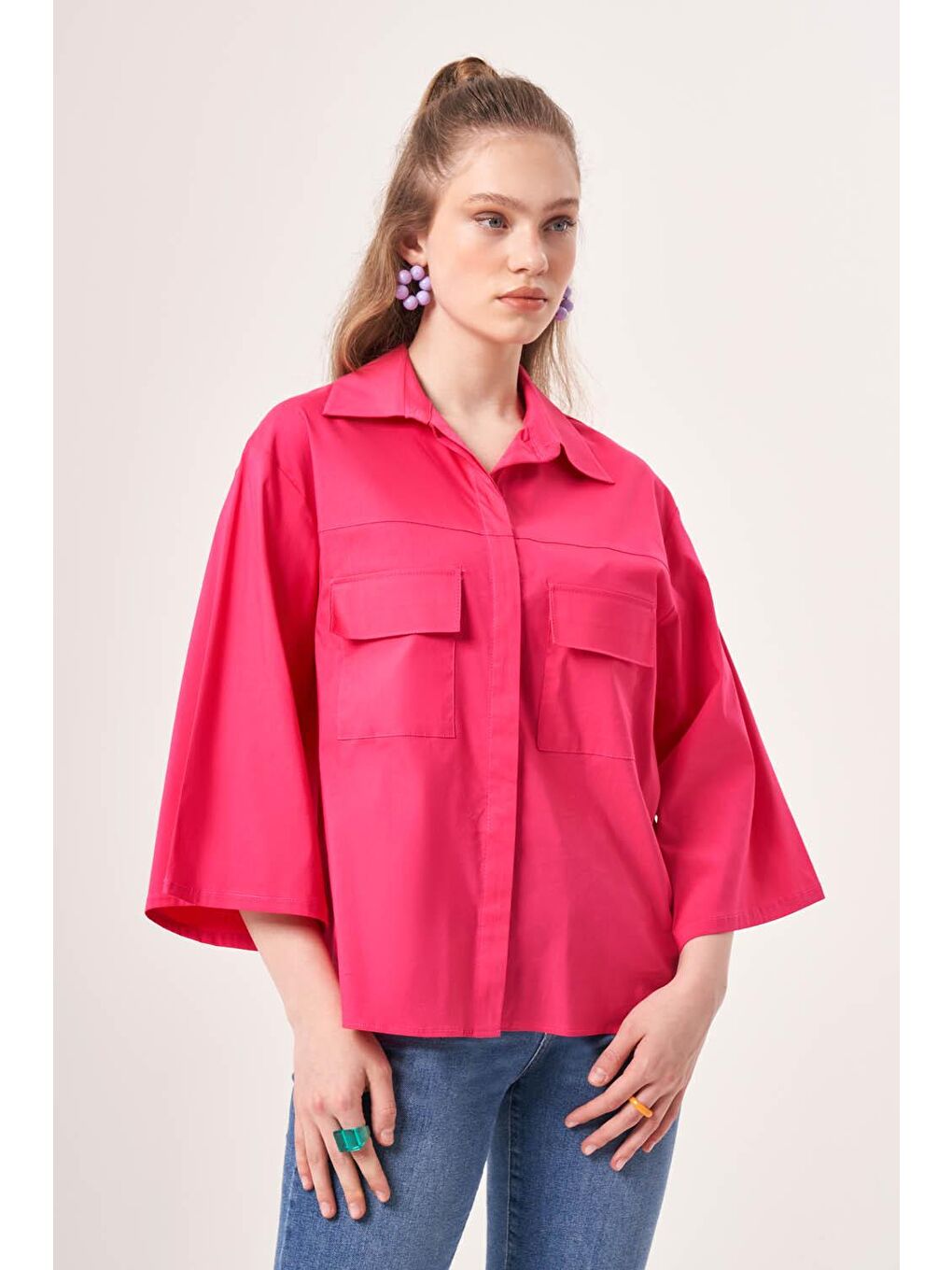Kısa Cepli Poplin Fuşya Gömlek-2